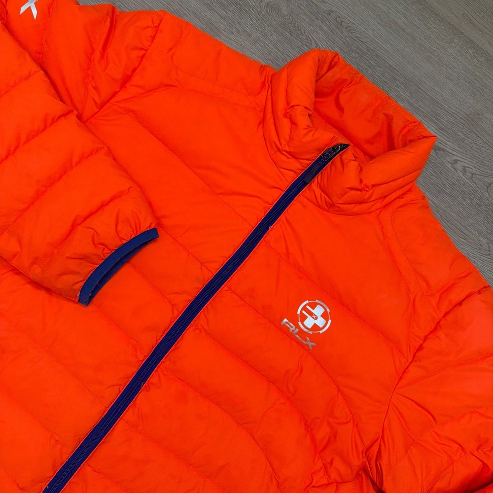 RLX Ralph Lauren Down Puffer Jacket Mens XL Orange Navy Blue Quilted Full Zip